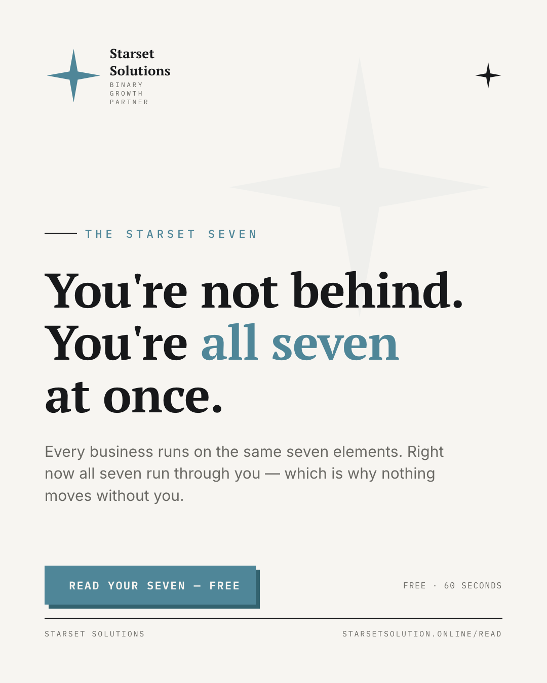 You're not behind. You're all seven at once.